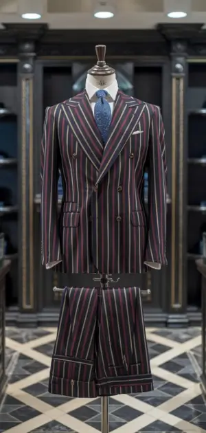 Dark suit with red and white pinstripes on display