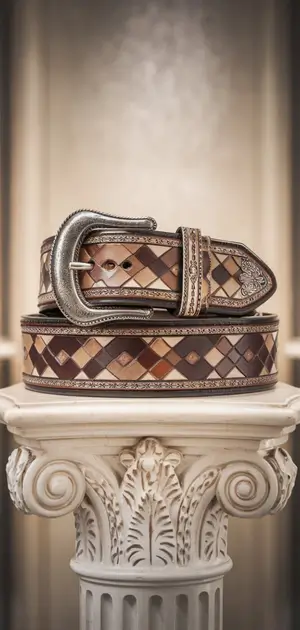 Brown and tan plaid belt for men on a marble pedestal.