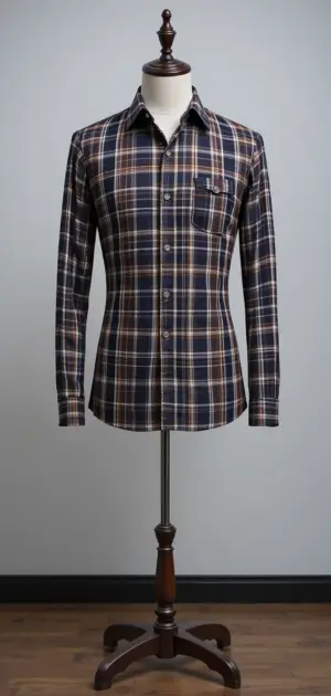 A slim-fit brown plaid dress shirt with a pocket, displayed on a mannequin.