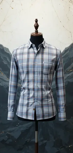 A tailored light blue plaid dress shirt with a pocket displayed on a mannequin.