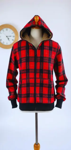 Flannel plaid hoodie styled with rugged boots.
