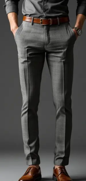Man wearing light grey plaid trousers with a dark shirt and brown dress shoes