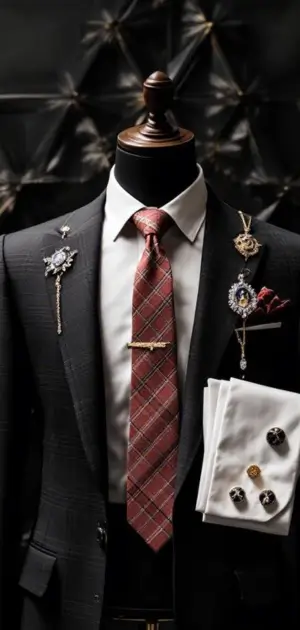 Dark suit with red plaid tie, ornate brooches, and detailed cufflinks