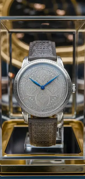 Plaid-patterned watch with a silver-tone case and a mesh strap