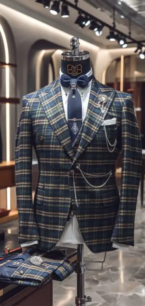 Green and navy plaid suit with detailed accessories displayed on a mannequin