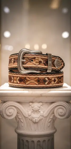 Decorative plaid belt for men on a luxurious pedestal