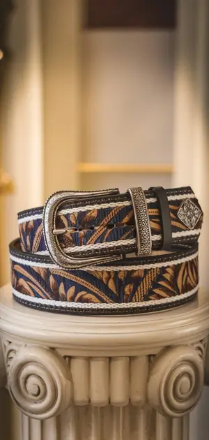 Blue and gold plaid belt for men on an elegant stand