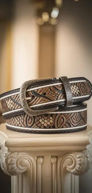 Patterned plaid belt for men on a classical pedestal