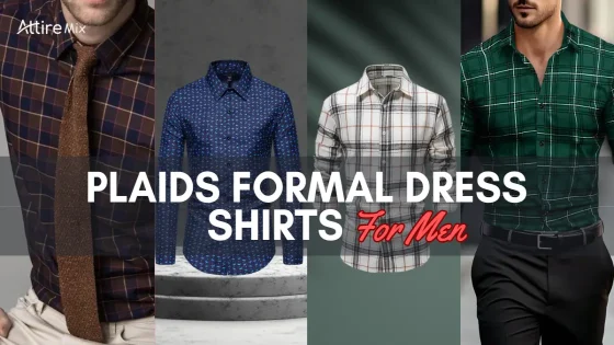 Collection of plaid clothing for men in brown, blue, cream, and green patterns.