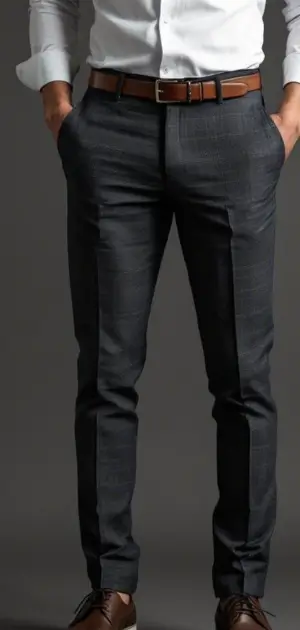Man in dark grey plaid trousers with a white shirt and brown belt