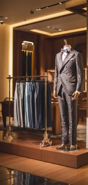 Mannequin in a double-breasted suit with plaid trousers displayed on a rack.