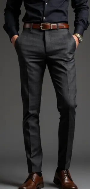 Man in dark plaid trousers with a black shirt, brown belt, and dark brown shoes