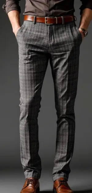 Man wearing grey plaid trousers with a brown belt and brown shoes