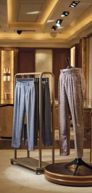 Plaid trousers displayed on a rack in a luxury boutique