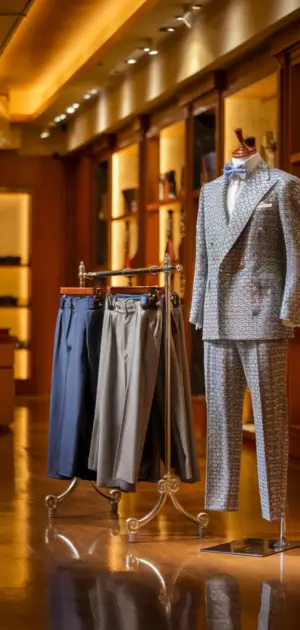 Mannequin in a patterned suit with plaid trousers on display