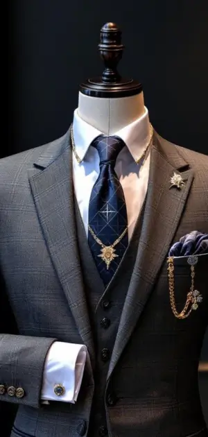 Grey suit with geometric tie, gold chain accessory, and navy pocket square