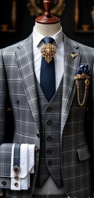 Grey plaid three-piece suit with lion brooch and navy tie