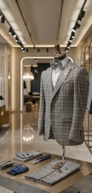 Beige plaid suit with a bow tie and matching accessories in a luxury boutique