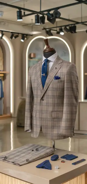Beige plaid suit paired with a blue tie and matching accessories displayed on a mannequin