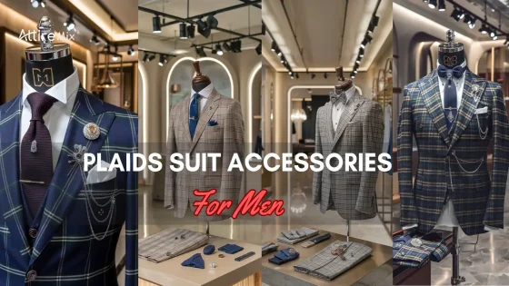 Collage of Plaids Suit Accessories For men displayed in an upscale men’s boutique.