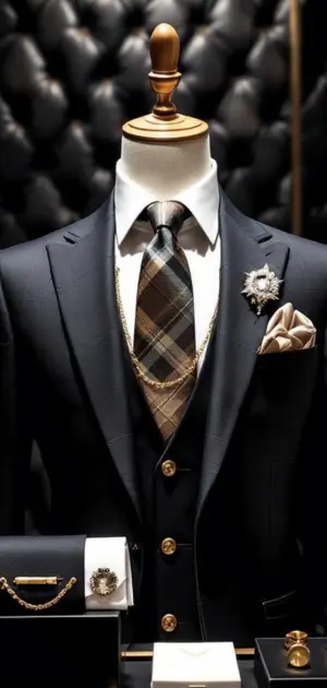 Black suit with plaid tie, gold buttons, and floral lapel pin