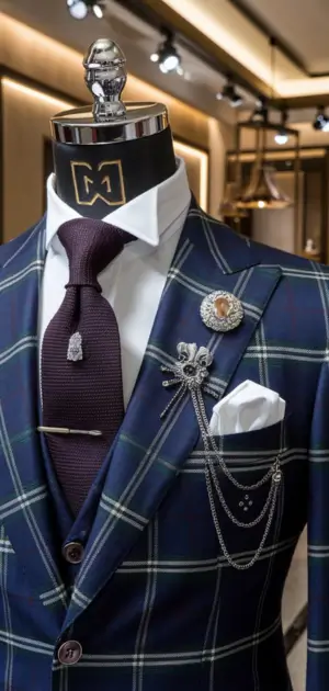Navy plaid suit with bold accessories including brooches and chains on display