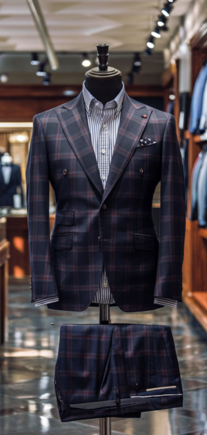 Dark plaid suit on display with accessories in a formal store