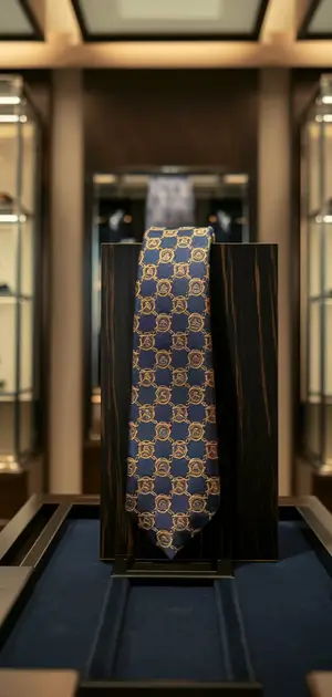 Golden tie with blue rosette patterns displayed in a dark cabinet