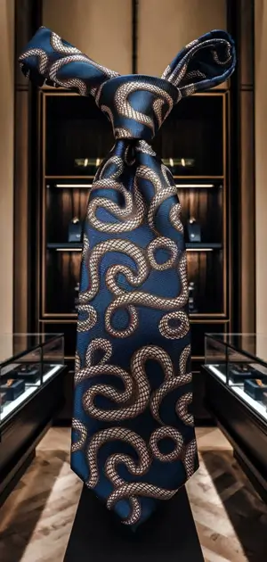 Luxurious navy blue tie with intricate golden swirl patterns
