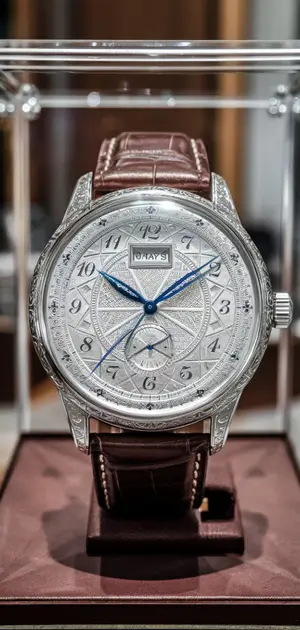 Brown leather plaid-patterned watch with detailed silver-tone case