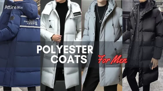 A selection of men's polyester coats in blue, white, grey, and black for winter fashion.