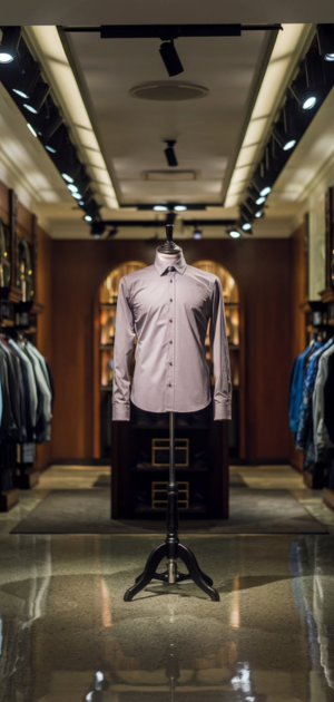 Close-up of a fitted polyester formal dress shirt with button details.