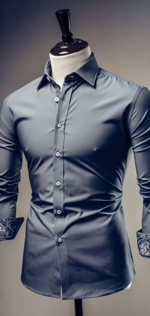 A polyester formal dress shirt on a mannequin in a well-lit clothing store.