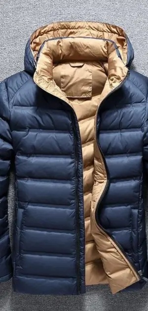 A contemporary navy blue polyester jacket featuring a beige inner lining and hood.