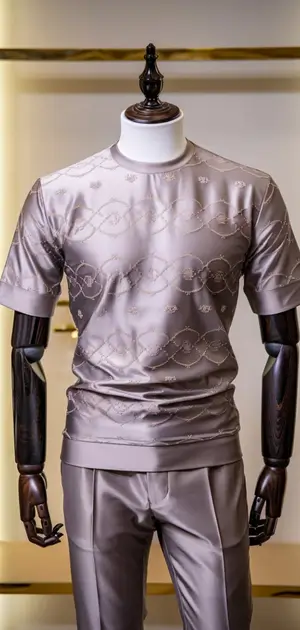 Textured polyester t-shirt with geometric embroidery