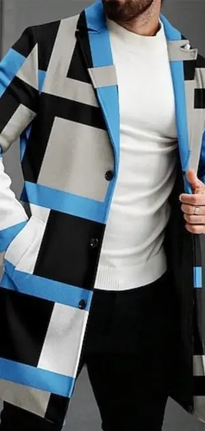 The geometric abstract coat for men combines black, blue, and gray tones in a trendy fit.