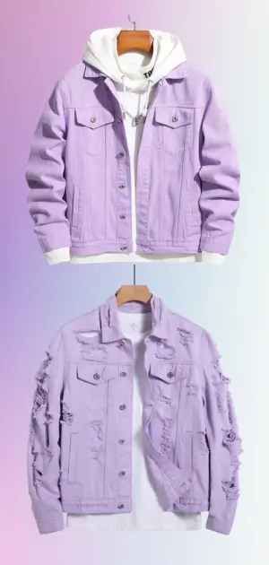 Two lavender pastel jackets for men, featuring classic and distressed denim styles.