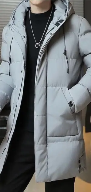 A light grey slim-fit polyester coat with an adjustable hood, styled with a black outfit.