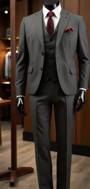 Collection of Calvin Klein men’s formal suits in black, navy, and charcoal gray.
