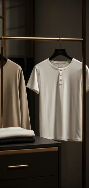 Modern neutral t-shirts for men in white and beige neatly hung in a wardrobe.