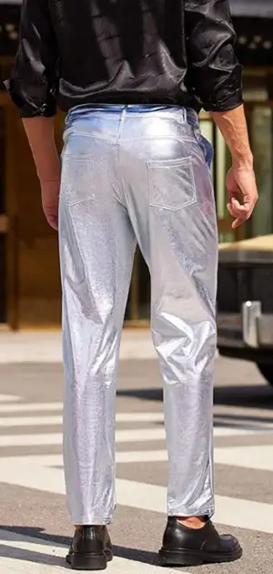Stylish silver metallic party pants for men, ideal for standout festive looks.