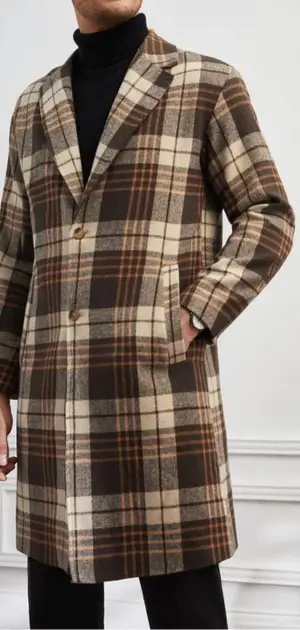 Neutral-toned plaid coat for men with a sleek, tailored fit for elegant styling.