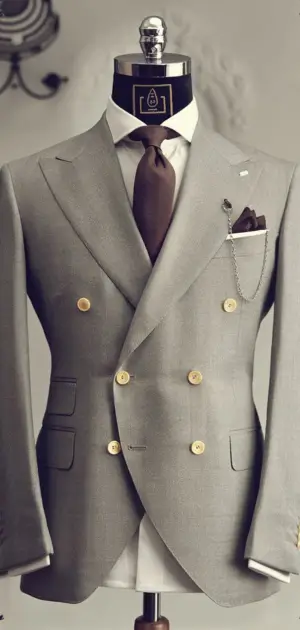 Formal suits design for men Double-breasted polyester suit with gold buttons and a brown tie.