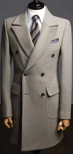 Men’s beige double-breasted solid coat featuring a sophisticated tailored design.