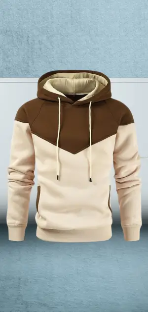 Men's brown and beige hoodie featuring a chevron design and adjustable drawstrings.