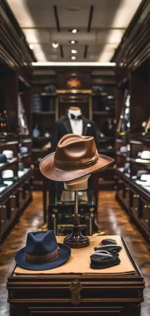 Close-up of a brown formal hat on a display in a luxurious store