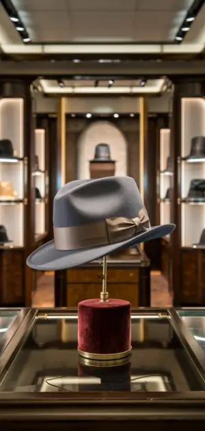Grey formal hat on display atop a red pedestal in a fancy shop