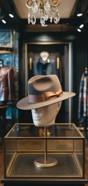 stylish hat displayed on a mannequin head in a luxury shop