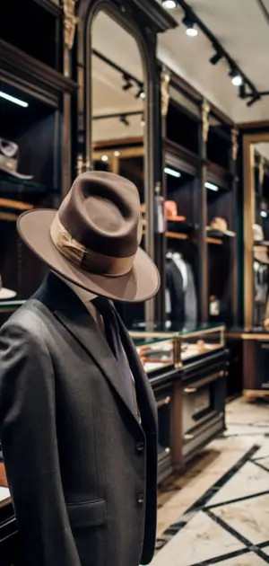 Man in suit with hat stands in an elegant clothing store