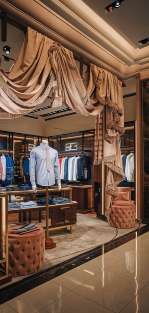Luxurious store setup featuring formal dress shirts with detailed interior decor